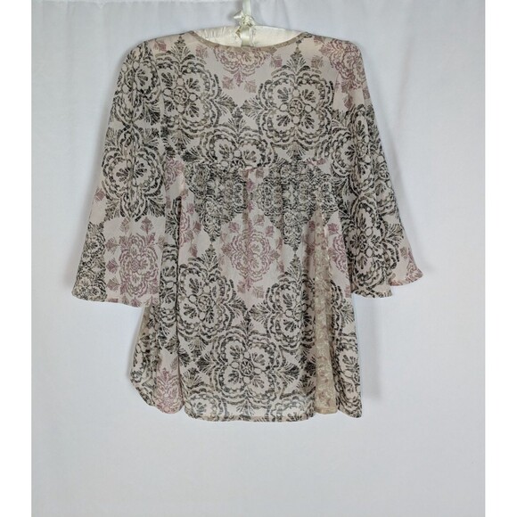 Staring at Stars Blouse S Womens Cream Paisley Scoop Neck 3/4 Bell Sleeves Sheer - Picture 4 of 6